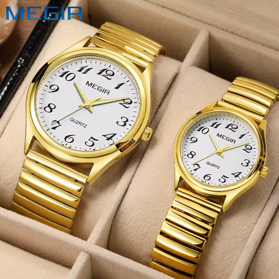 MEGIR Top Luxury Couple Watch for Men Women Golden Stainless Steel Quartz Wrist Watches Lovers Analog Wristwatch Waterproof