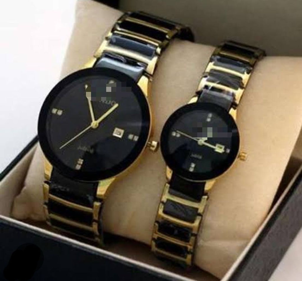 FASHIONABLE LUXURY BLACK & GOLD COUPLE WATCH TOP FASHION HIGH QUALITY WATCH FOR MEN & WOMEN LUXURY WEDDING COUPLE WATCH
