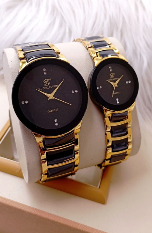FASHIONABLE LUXURY BLACK & GOLD COUPLE WATCH TOP FASHION HIGH QUALITY WATCH FOR MEN & WOMEN LUXURY WEDDING COUPLE WATCH